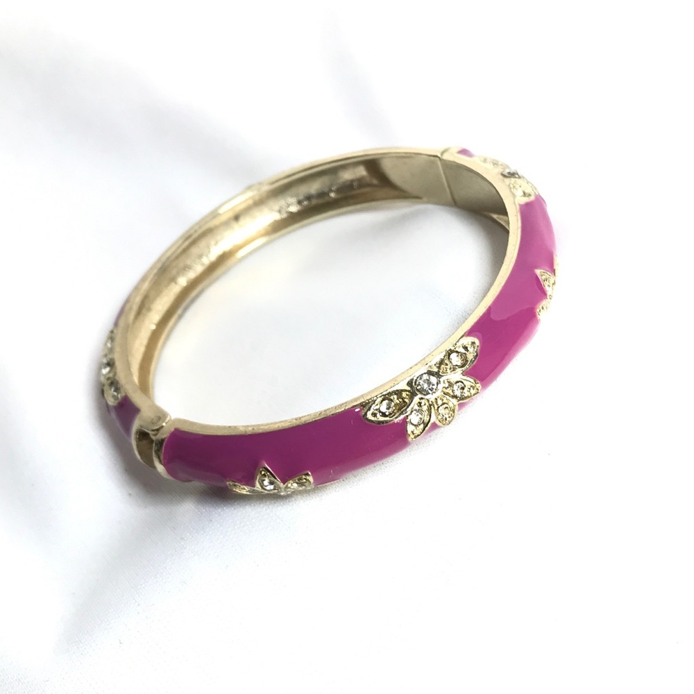 Dark pink and silver toned flower enamel bracelet